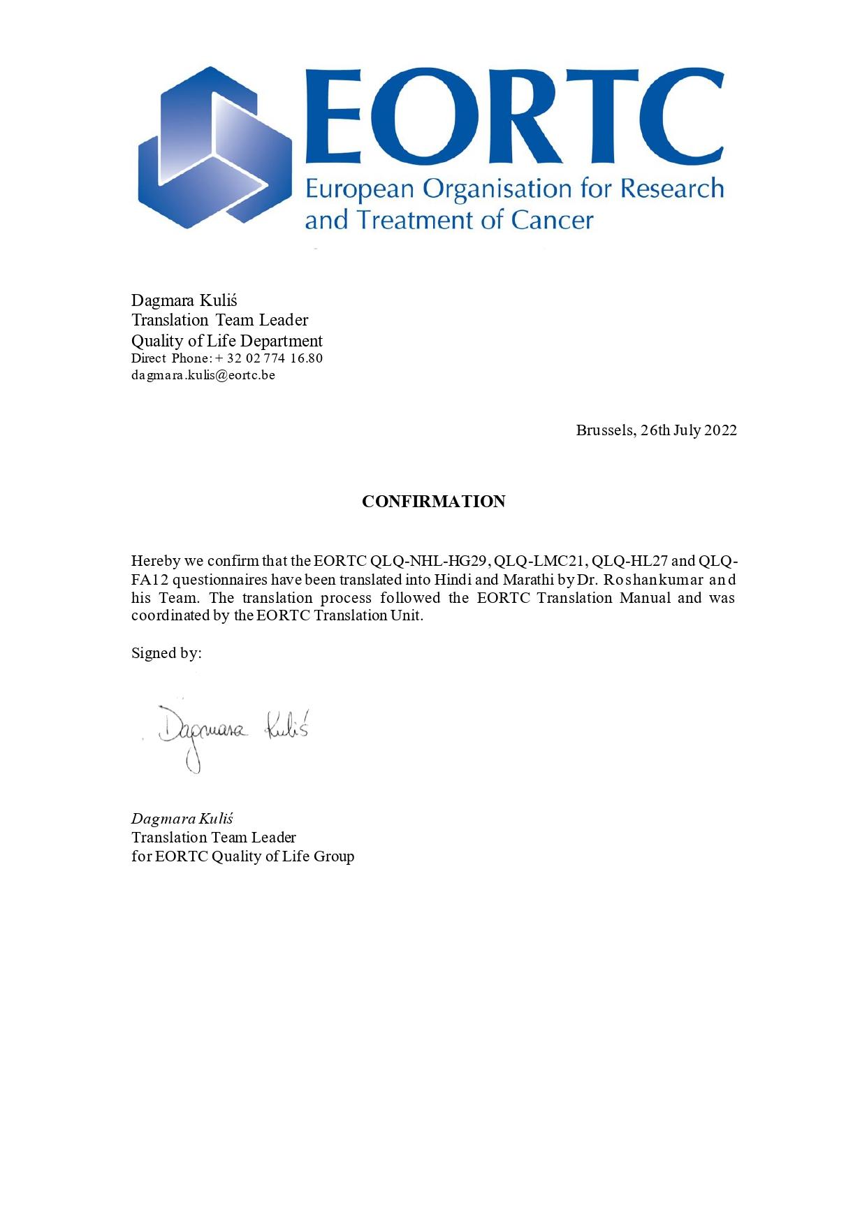 Research Acknowledgement from EORTC(European Organization For Research And Treatment Of Cancer) 