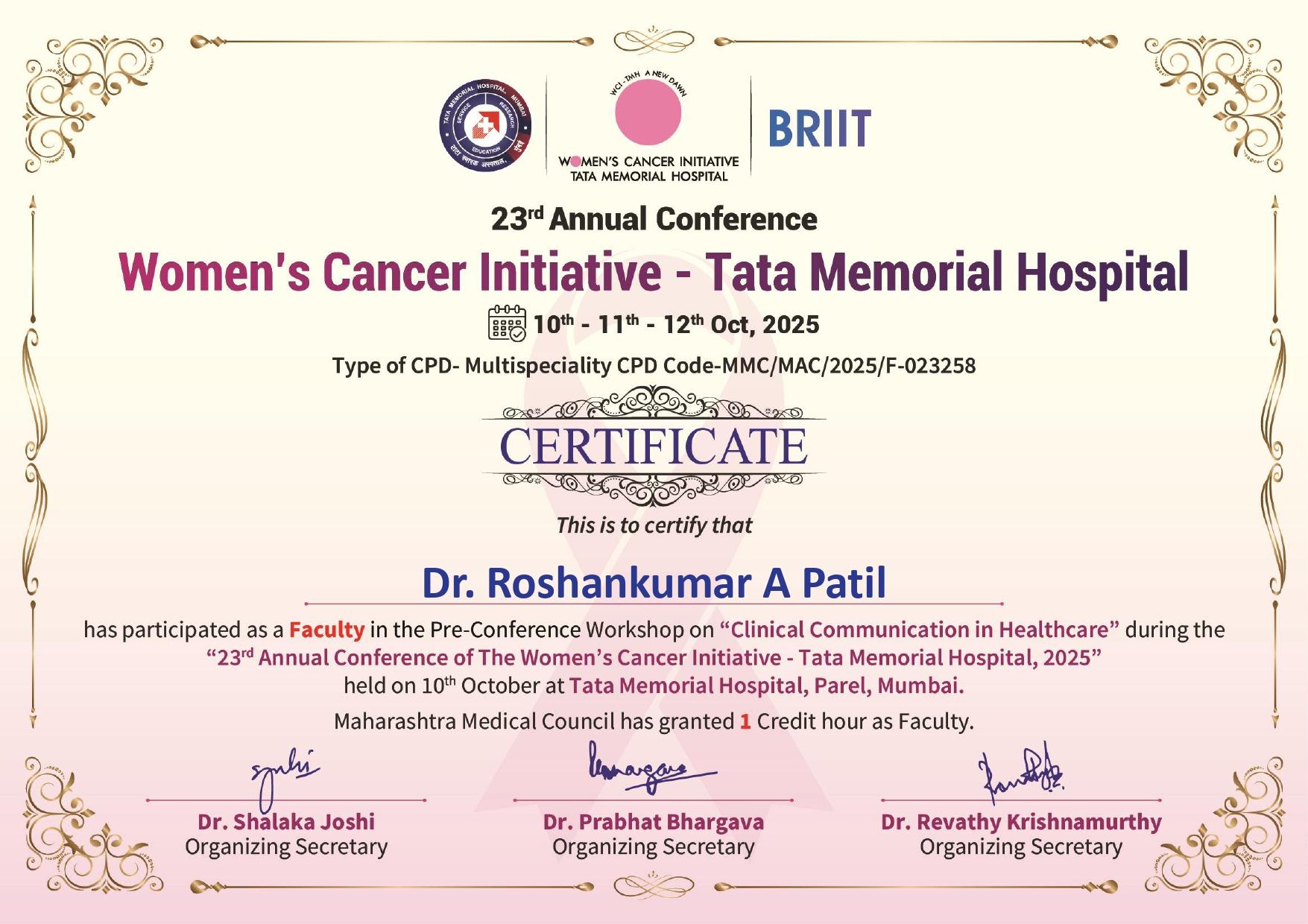 WCI Faculty Clinical Workshop Certificate